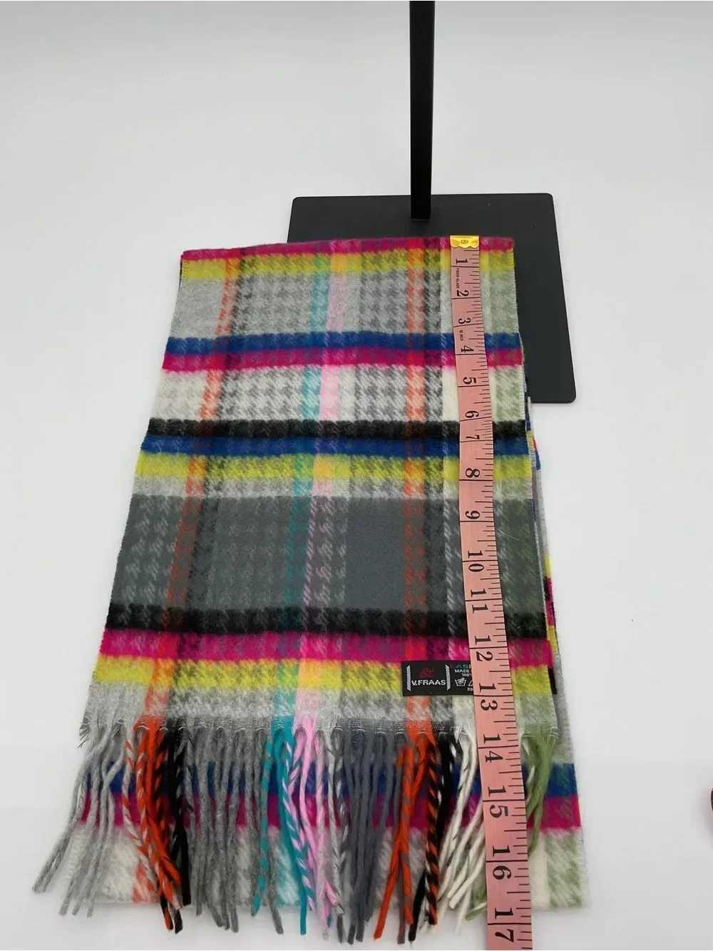 V. Fraas Multicolor Plaid Fringe Scarf - Gray, Pink, Yellow